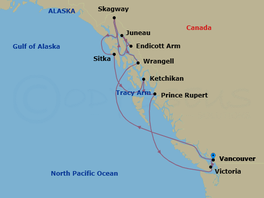 11 Night - A Journey Through Untamed Landscapes & Coastal Treasures - EXPLORA III - Starting in Vancouver, Wrangell, Juneau, Endicott Arm (Dawes Glacier), Sailing the Tracy Arm Fjord, Skagway, Sitka, Ward Cove / Ketchikan, Prince Rupert, Victoria CA, Vancouver itinerary map