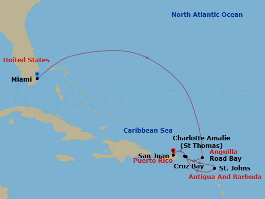 7 Night - A Journey Across Oceanic Gems & the Unresistible Caribbean Charm - EXPLORA II - Starting in Miami, Road Bay, Charlotte Amalie (Saint Thomas), St Johns AG, Antigua, St John VI (Cruz Bay), US Virgin Islands, San Juan itinerary map
