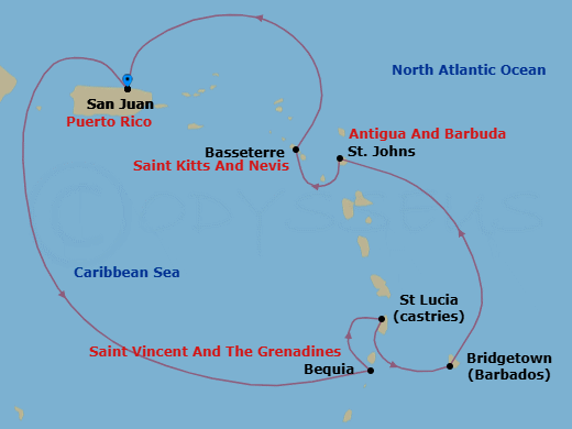 7 Night - A Journey Across Caribbean Culture & Volcanic Landscapes - EXPLORA II - Starting in San Juan, Bequia, Castries, Bridgetown, St Johns AG, Antigua, Basseterre, San Juan itinerary map