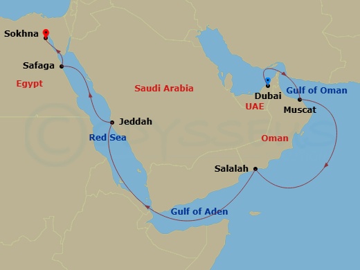 13 Night - An Extended Journey of Arabian Delights & Red Sea Majesty - EXPLORA II - Starting in Dubai, Muscat, Salalah, Jeddah, Luxor (Safaga), Sokhna itinerary map