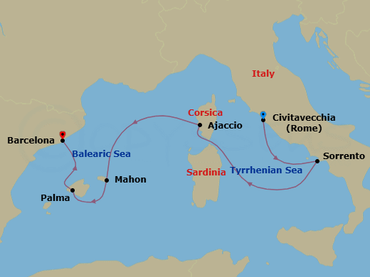 6 Night - A Journey of Sunset Shores & Mediterranean Icons - EXPLORA I - Starting in Civitavecchia (Rome), Sorrento, Ajaccio (Corsica), Mahon (Menorca), Palma De Mallorca, Barcelona itinerary map