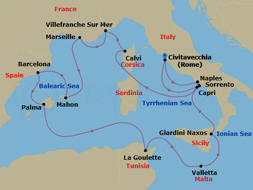 14 Night - An Extended Journey Through Mediterranean Grandeur - EXPLORA I - Starting in Civitavecchia (Rome), Port of Naples, Capri, Calvi (Corsica), Villefranche-Sur-Mer (Nice), Marseille, Mahon (Menorca), Barcelona, Palma De Mallorca, Tunis / La Goulette, La Valletta, Giardini Naxos, Sorrento, Civitavecchia (Rome) itinerary map