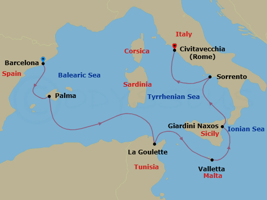 7 Night - A Journey Across Mediterranean Masterpieces - EXPLORA I - Starting in Barcelona, Palma De Mallorca, Tunis / La Goulette, La Valletta, Giardini Naxos, Sorrento, Civitavecchia (Rome) itinerary map