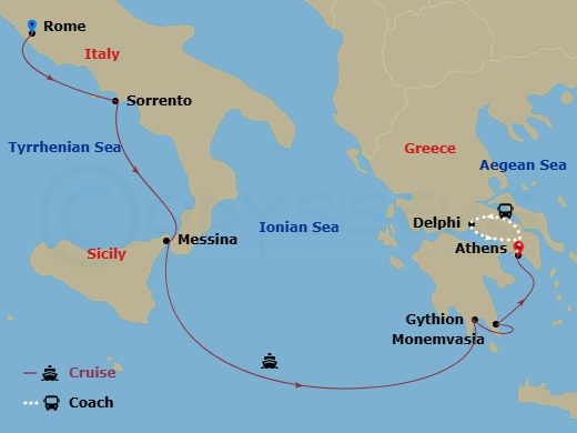 11 Night - Enchanting Meteora, Greece, and Amalfi Coast Cruise Tour - Wind Surf Tours - Starting in Rome, Sorrento, Messina (Taormina), Gythion, Monemvasia, Athens, Greece, Delphi, Athens, Greece itinerary map