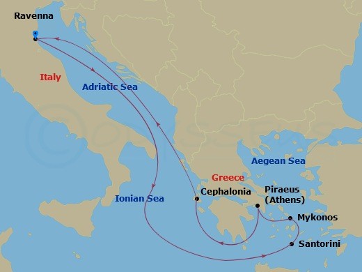7 Night - Greek Isles Cruise - Explorer of the Seas - Starting in Ravenna, Italy, Santorini, Greece, Mykonos, Greece, Athens (Piraeus), Greece, Argostoli, Greece, Ravenna, Italy itinerary map