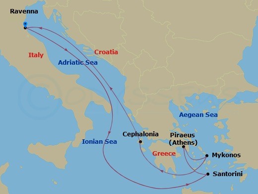 7 Night - Greek Isles Cruise - Explorer of the Seas - Starting in Ravenna, Italy, Santorini, Greece, Athens (Piraeus), Greece, Mykonos, Greece, Argostoli, Greece, Ravenna, Italy itinerary map