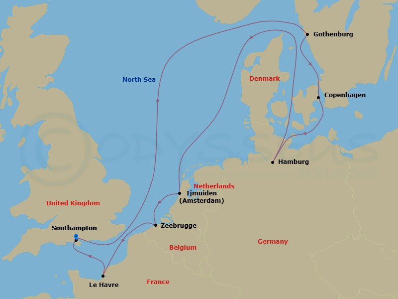 10 Night - Europe - Baltic - Norwegian Star - Starting in London (Southampton), United Kingdom, Gothenburg, Sweden, Copenhagen, Denmark, Hamburg, Germany, Amsterdam / Ijmuiden, Netherlands, Zeebrugge / Brussels / Brugge, Belgium, Le Havre / Paris, France, London (Southampton), United Kingdom itinerary map