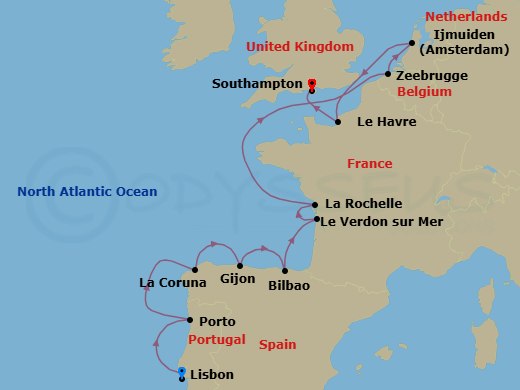 11 Night - Europe - France & Iberia - Norwegian Star - Starting in Lisbon, Portugal, Oporto, Portugal, La Coruna, Spain, Gijon, Spain, Bilbao, Le Verdon Bordeaux, France, La Rochelle, France, Zeebrugge / Brussels / Brugge, Belgium, Amsterdam / Ijmuiden, Netherlands, Le Havre / Paris, France, London (Southampton), United Kingdom itinerary map