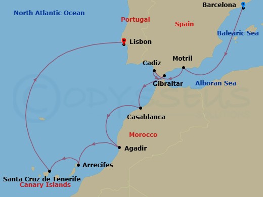 10 Night - Canary Islands / Morocco - Norwegian Star - Starting in Barcelona, Spain, Motril, Spain, Cadiz / Seville, Spain, Gibraltar, Casablanca, Morocco, Agadir, Morocco, Arrecife, Spain, Santa Cruz de Tenerife, Lisbon, Portugal itinerary map