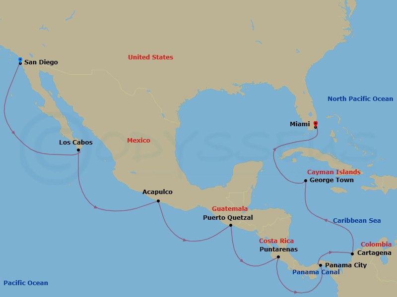 16 Night - Repo - Panama Canal - Norwegian Star - Starting in San Diego, Ca, Cabo San Lucas, Mexico, Acapulco, Mexico, Puerto Quetzal, Guatemala, Puntarenas / Puerto Caldera, Costa Rica, Panama City, Panama, Transit Panama Canal / At Sea, Cartagena CO, George Town, Cayman Islands, Miami, Fl itinerary map