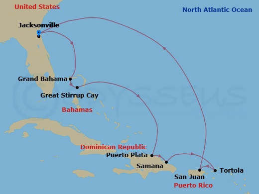 10 Night - Caribbean - Norwegian Dawn - Starting in Jacksonville, Florida, Grand Bahama Island, Bahamas, Great Stirrup Cay, Bahamas, Puerto Plata, Dominican Republic, Samana, Dominican Republic, Tortola, British Virgin Islands, San Juan, Pr, Jacksonville, Florida itinerary map