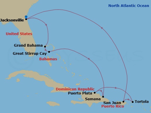 10 Night - Eastern Caribbean - Jacksonville - Norwegian Dawn - Starting in Jacksonville, Florida, Grand Bahama Island, Bahamas, Great Stirrup Cay, Bahamas, Samana, Dominican Republic, Puerto Plata, Dominican Republic, Tortola, British Virgin Islands, San Juan, Pr, Jacksonville, Florida itinerary map