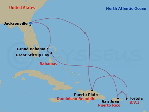 9 Night - Eastern Caribbean - Jacksonville - Norwegian Dawn - Starting in Jacksonville, Florida, Grand Bahama Island, Bahamas, Great Stirrup Cay, Bahamas, San Juan, Pr, Tortola, British Virgin Islands, Puerto Plata, Dominican Republic, Jacksonville, Florida itinerary map