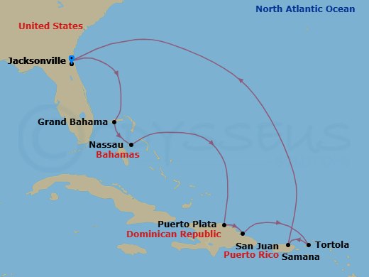 10 Night - Eastern Caribbean - Jacksonville - Norwegian Dawn - Starting in Jacksonville, Florida, Grand Bahama Island, Bahamas, Nassau, Bahamas, Puerto Plata, Dominican Republic, Samana, Dominican Republic, Tortola, British Virgin Islands, San Juan, Pr, Jacksonville, Florida itinerary map
