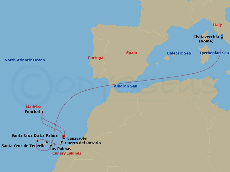 10 Night - Canary Islands and Madeira - MSC Fantasia - Starting in Civitavecchia (Rome), Italy, Las Palmas de Gran Canaria (Canary Islands), Spain, Santa Cruz de La Palma, Santa Cruz de Tenerife, Puerto Del Rosario / Fuerteventura, Spain, Funchal (Madeira Islands), Portugal, Arrecife De Lanzarote (Canary Islands), Spain itinerary map