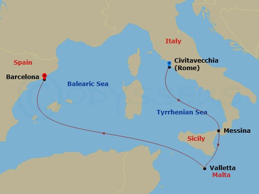 4 Night - Mediterranean - MSC World Europa - Starting in Civitavecchia (Rome), Italy, Messina (Taormina), Italy, La Valletta, Malta, Barcelona, Spain itinerary map