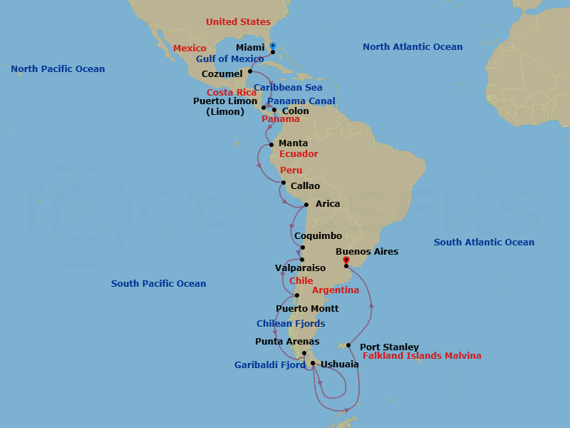 33 Night - South America from Miami to Buenos Aires - Silver Ray - Starting in Miami, Cozumel, Quintana Roo, Puerto Limon, Colon, Panama Canal Transit, Manta, Lima, Arica, Coquimbo, Valparaiso, Puerto Montt, Chilean Fjords, Punta Arenas, Ushuaia, Garibaldi Fjord and Glacier, Ushuaia, Port Stanley, Falkland Islands, Buenos Aires itinerary map