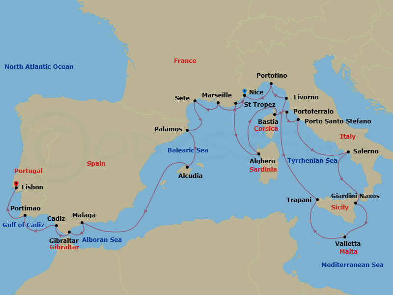 24 Night - Western Europe from Nice to Lisbon - Silver Shadow - Starting in Nice, Saint Tropez, Alghero, Bastia, Portoferraio, Porto Santo Stefano, Salerno, Giardini Naxos, Valletta, Trapani, Livorno, Portofino, Nice, Marseille, Sete, Palamos, Alcudia, Malaga, Gibraltar, Cadiz, Portimao, Lisbon itinerary map