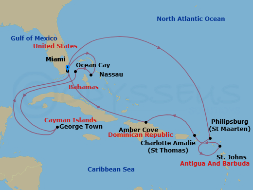 14 Night - Caribbean and Antilles - MSC Seashore - Starting in Miami, Florida, Philipsburg, St Maarten, St Johns AG, Antigua, Charlotte Amalie (St Thomas) Virgin Islands, Amber Cove, Dominican Republic, Miami, Florida, Nassau, Bahamas, Ocean Cay Msc Marine Reserve, Bahamas, George Town, Cayman Islands, Miami, Florida itinerary map