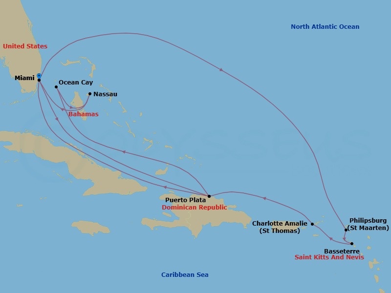14 Night - Caribbean and Antilles - MSC Seashore - Starting in Miami, Florida, Puerto Plata, Dominican Republic, Ocean Cay Msc Marine Reserve, Bahamas, Nassau, Bahamas, Miami, Florida, Philipsburg, St Maarten, Basseterre, St Kitts and Nevis, Charlotte Amalie (St Thomas) Virgin Islands, Puerto Plata, Dominican Republic, Miami, Florida itinerary map
