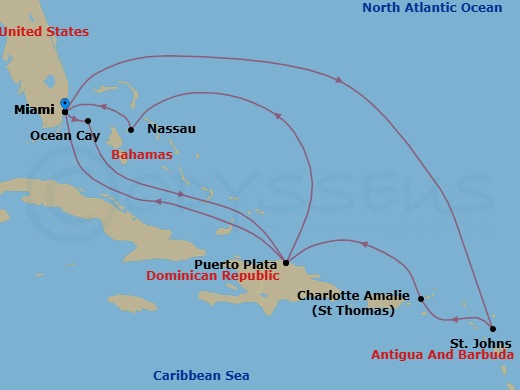 13 Night - Caribbean and Antilles - MSC Seashore - Starting in Miami, Florida, St Johns AG, Antigua, Charlotte Amalie (St Thomas) Virgin Islands, Puerto Plata, Dominican Republic, Miami, Florida, Ocean Cay Msc Marine Reserve, Bahamas, Puerto Plata, Dominican Republic, Nassau, Bahamas, Miami, Florida itinerary map