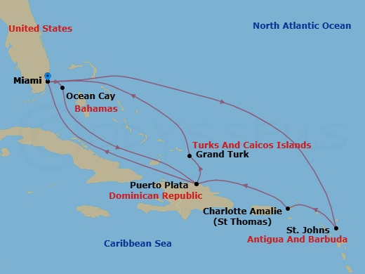 14 Night - Caribbean and Antilles - MSC Seashore - Starting in Miami, Florida, Ocean Cay Msc Marine Reserve, Bahamas, Puerto Plata, Dominican Republic, Grand Turk Island, Turks and Caicos, Miami, Florida, St Johns AG, Antigua, Charlotte Amalie (St Thomas) Virgin Islands, Puerto Plata, Dominican Republic, Miami, Florida itinerary map