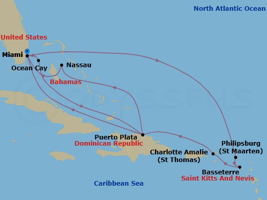 14 Night - Caribbean and Antilles - MSC Seashore - Starting in Miami, Florida, Ocean Cay Msc Marine Reserve, Bahamas, Puerto Plata, Dominican Republic, Nassau, Bahamas, Miami, Florida, Philipsburg, St Maarten, Basseterre, St Kitts and Nevis, Charlotte Amalie (St Thomas) Virgin Islands, Puerto Plata, Dominican Republic, Miami, Florida itinerary map
