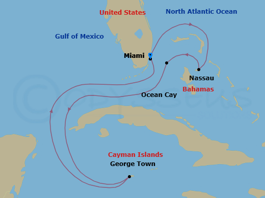 6 Night - Caribbean and Antilles - MSC Seashore - Starting in Miami, Florida, Nassau, Bahamas, Ocean Cay Msc Marine Reserve, Bahamas, George Town, Cayman Islands, Miami, Florida itinerary map