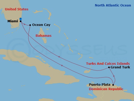 7 Night - Caribbean and Antilles - MSC Seashore - Starting in Miami, Florida, Ocean Cay Msc Marine Reserve, Bahamas, Puerto Plata, Dominican Republic, Grand Turk Island, Turks and Caicos, Miami, Florida itinerary map