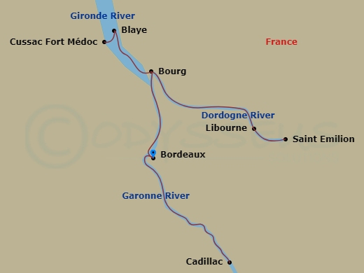 7 Night - Brilliant Bordeaux - S.S. Bon Voyage - Starting in Bordeaux, Cadillac, Cussac Fort Medoc, Blaye, Bourg sur Gironde, Libourne (Saint-Emilion), Libourne, Bordeaux, Bordeaux itinerary map