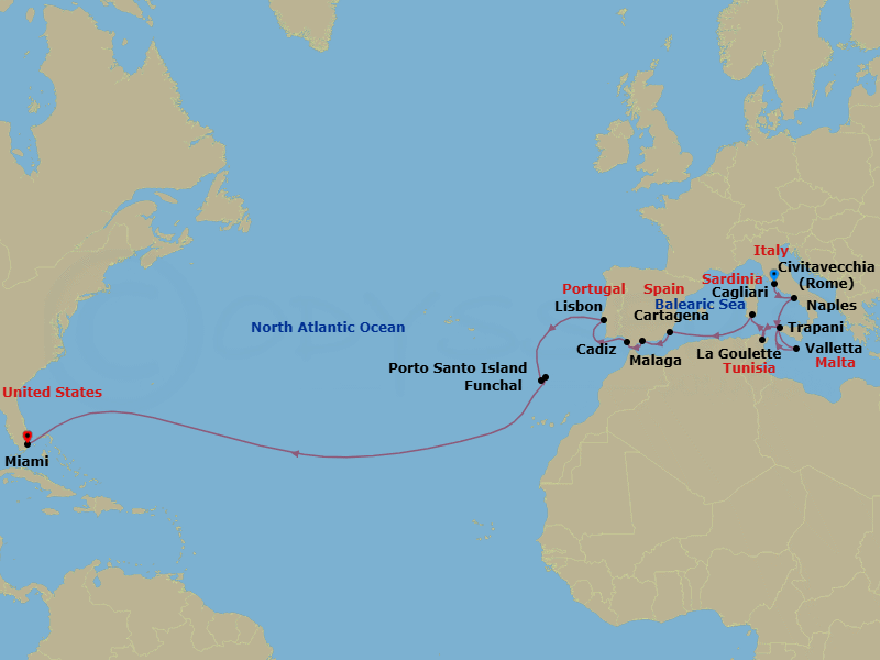 26 Night - Southern Europe from Rome (Civitavecchia) to Miami - Silver Dawn - Starting in Civitavecchia, Naples, Valletta, Trapani, Tunis, Cagliari, Cartagena ES, Malaga, Cadiz, Lisbon, Funchal, Porto Santo, Miami itinerary map