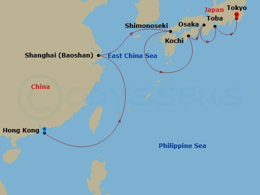 9 Night - A Journey from Glittering Horizons to Island Serenity - EXPLORA III - Starting in Hong Kong, Shanghai, Shimonoseki, Kochi, Osaka, Toba, Tokyo itinerary map
