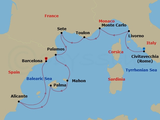 11 Night - Spanish Flavors & Rhythms - Seven Seas Voyager - Starting in Rome (Civitavecchia), Tuscany (Livorno), Monte Carlo, Toulon, Sete, Palamos, Cruising the Balearic Sea, Mahon, Minorca, Palma De Mallorca, Alicante, Cruising the Balearic Sea, Barcelona itinerary map