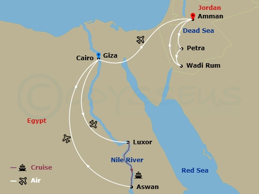 20 Night - Essence of Egypt & Jordan - Sun Boat III Tours - Starting in Giza (Cairo), Giza, Giza / Luxor, Luxor, Luxor / Nile Cruise, Nile Cruise, Nile Cruise / Aswan, Aswan, Aswan / Cairo, Cairo, Cairo / Amman, Dead Sea, Dead Sea / Petra, Petra, Petra / Wadi Rum, Wadi Rum / Amman, Amman itinerary map