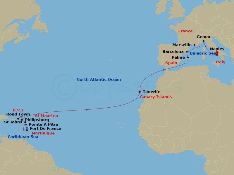18 Night - Msc Grand Voyages - MSC Seaview - Starting in Fort-de-France, Martinique, Pointe-A-Pitre, Guadeloupe, Philipsburg, Saint Martin, Road Town (Tortola), British Virgin Islands, St Johns AG, Antigua, Santa Cruz de Tenerife, Palma De Mallorca (Baleari Is), Spain, Barcelona, Spain, Marseille (Provence), France, Genoa (Portofino), Italy, Naples (Pompeii), Italy itinerary map