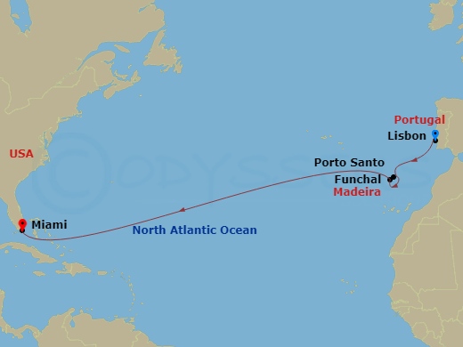 12 Night - Lisbon to Miami - Silver Dawn - Starting in Lisbon, Funchal, Madeira, Porto Santo, Madeira, Miami, Fl itinerary map
