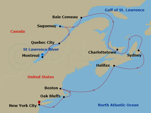 12 Night - Colonial New England : Montreal - Volendam - Starting in Montreal, Quebec, Canada, Saint Lawrence River Cruising, Quebec City, Quebec, Canada, Saguenay, Quebec, Canada, Baie-Comeau, Quebec, Canada, Cruising Gulf of St Lawrence, Charlottetown, Prince Edward Island, Canada, Sydney NS, Nova Scotia, Canada, Halifax, Nova Scotia, Canada, Boston, Massachusetts, Oak Bluffs, Marthas Vineyard, Massachusetts, New York itinerary map