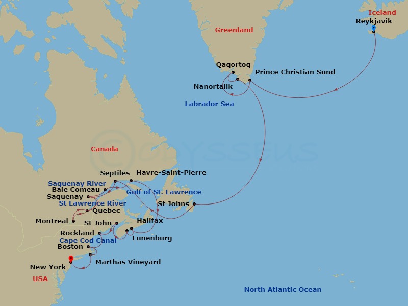 26 Night - Iceland & Canada Cruise : Reykjavik, Quebec & Halifax - Azamara Journey - Starting in Reykjavik, Prince Christian Sound, Qaqortoq (Julianehaab), Nanortalik, St Johns NF, Newfoundland, Sept-iles, Quebec, Scenic Cruising Saguenay Fjord, Saguenay, Quebec, Quebec City, Quebec, Montreal, Quebec, Quebec City, Quebec, Scenic Cruising Saguenay Fjord, Saguenay, Quebec, Baie-comeau, Quebec, Havre-saint-pierre, Quebec, Halifax, Nova Scotia, Lunenburg, Nova Scotia, Saint John NB, New Brunswick, Rockland, Maine, Boston, Massachusetts, Cape Cod Canal Cruising, Marthas Vineyard, Massachusetts, New York City, New York itinerary map