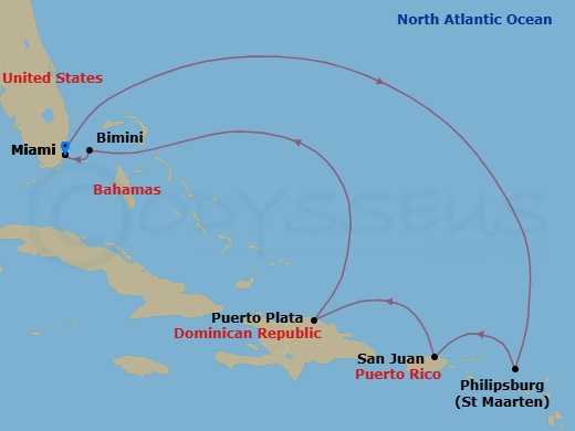 8 Night - Eastern Caribbean & Bimini Beach Club - Resilient Lady - Starting in Miami, Florida, Philipsburg, Sint Maarten, San Juan, Puerto Rico, Puerto Plata, Dominican Republic, The Beach Club at Bimini, Bahamas, Miami, Florida itinerary map