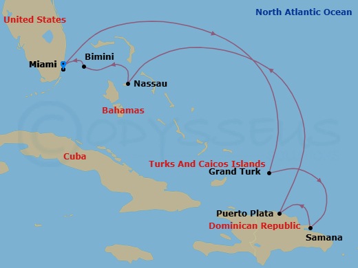 8 Night - Eastern Caribbean & Bimini Beach Club - Resilient Lady - Starting in Miami, Florida, Grand Turk, Turks and Caicos, Samana, Dominican Republic, Puerto Plata, Dominican Republic, Nassau, Bahamas, The Beach Club at Bimini, Bahamas, Miami, Florida itinerary map