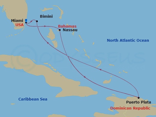 6 Night - Eastern Caribbean & Bimini Beach Club - Resilient Lady - Starting in Miami, Florida, Nassau, Bahamas, Puerto Plata, Dominican Republic, The Beach Club at Bimini, Bahamas, Miami, Florida itinerary map