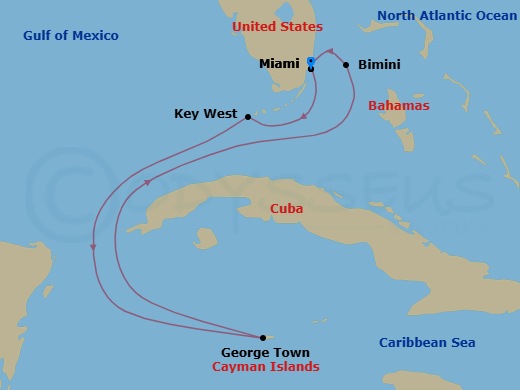 6 Night - Western Caribbean & Bimini Beach Club - Resilient Lady - Starting in Miami, Florida, Key West, Florida, George Town, Cayman Islands, The Beach Club at Bimini, Bahamas, Miami, Florida itinerary map