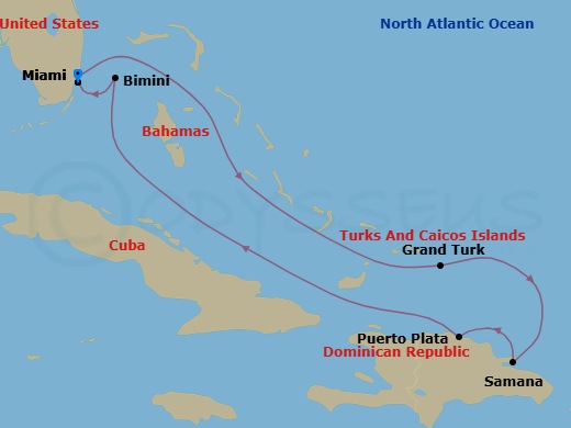 7 Night - Eastern Caribbean & Bimini Beach Club - Resilient Lady - Starting in Miami, Florida, Grand Turk, Turks and Caicos, Samana, Dominican Republic, Puerto Plata, Dominican Republic, The Beach Club at Bimini, Bahamas, Miami, Florida itinerary map