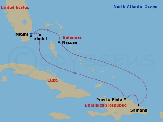7 Night - Eastern Caribbean & Bimini Beach Club - Resilient Lady - Starting in Miami, Florida, Nassau, Bahamas, Samana, Dominican Republic, Puerto Plata, Dominican Republic, The Beach Club at Bimini, Bahamas, Miami, Florida itinerary map