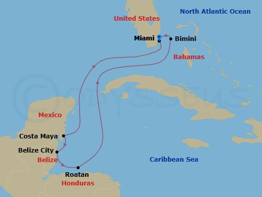 7 Night - Western Caribbean & Bimini New Year's - Resilient Lady - Starting in Miami, Florida, Costa Maya, Mexico, Belize City, Belize, Roatan, Honduras, The Beach Club at Bimini, Bahamas, Miami, Florida itinerary map