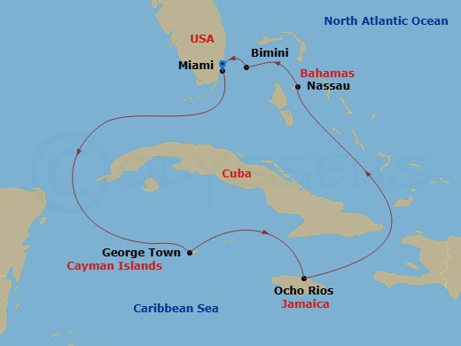 7 Night - Western Caribbean & Bimini Beach Club - Resilient Lady - Starting in Miami, Florida, George Town, Cayman Islands, Ocho Rios, Jamaica, Nassau, Bahamas, The Beach Club at Bimini, Bahamas, Miami, Florida itinerary map