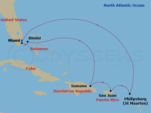 8 Night - Eastern Caribbean & Bimini Beach Club - Resilient Lady - Starting in Miami, Florida, Philipsburg, Sint Maarten, San Juan, Puerto Rico, Samana, Dominican Republic, The Beach Club at Bimini, Bahamas, Miami, Florida itinerary map