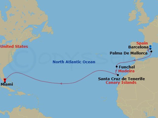 14 Night - Spain to Miami Halloween Transatlantic - Resilient Lady - Starting in Barcelona, Spain, Palma De Mallorca, Spain, Funchal, Madeira, Portugal, Santa Cruz de Tenerife, Miami, Florida itinerary map