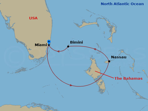 4 Night - Bahamas & Bimini Beach Club - Valiant Lady - Starting in Miami, Florida, Nassau, Bahamas, The Beach Club at Bimini, Bahamas, Miami, Florida itinerary map