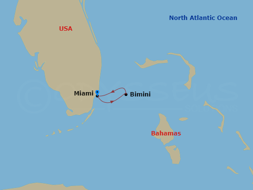 3 Night - Bimini Beach Club Cruise - Valiant Lady - Starting in Miami, Florida, The Beach Club at Bimini, Bahamas, Miami, Florida itinerary map
